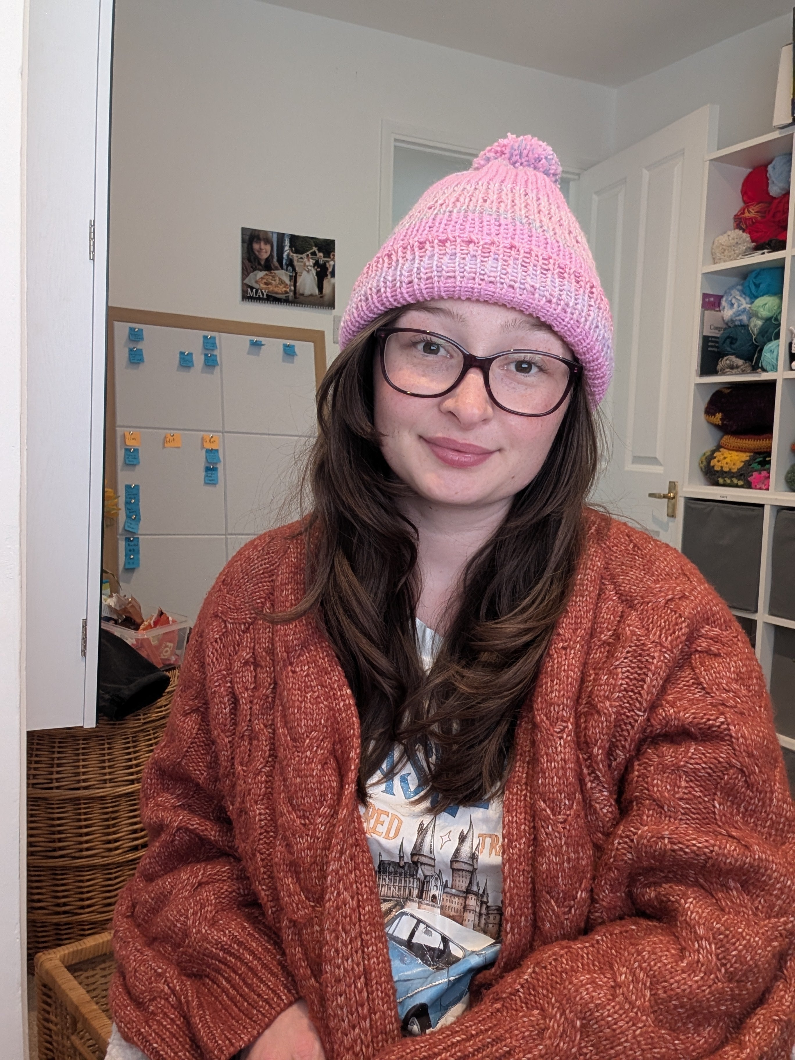 Handmade Pink Knit Beanie Hat with Pom Pom