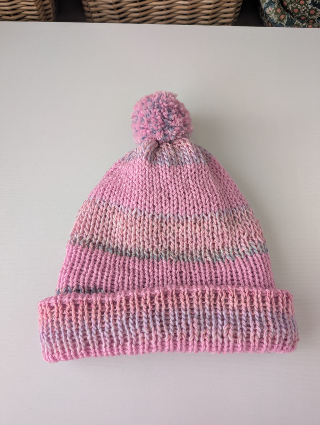 Handmade Pink Knit Beanie Hat with Pom Pom