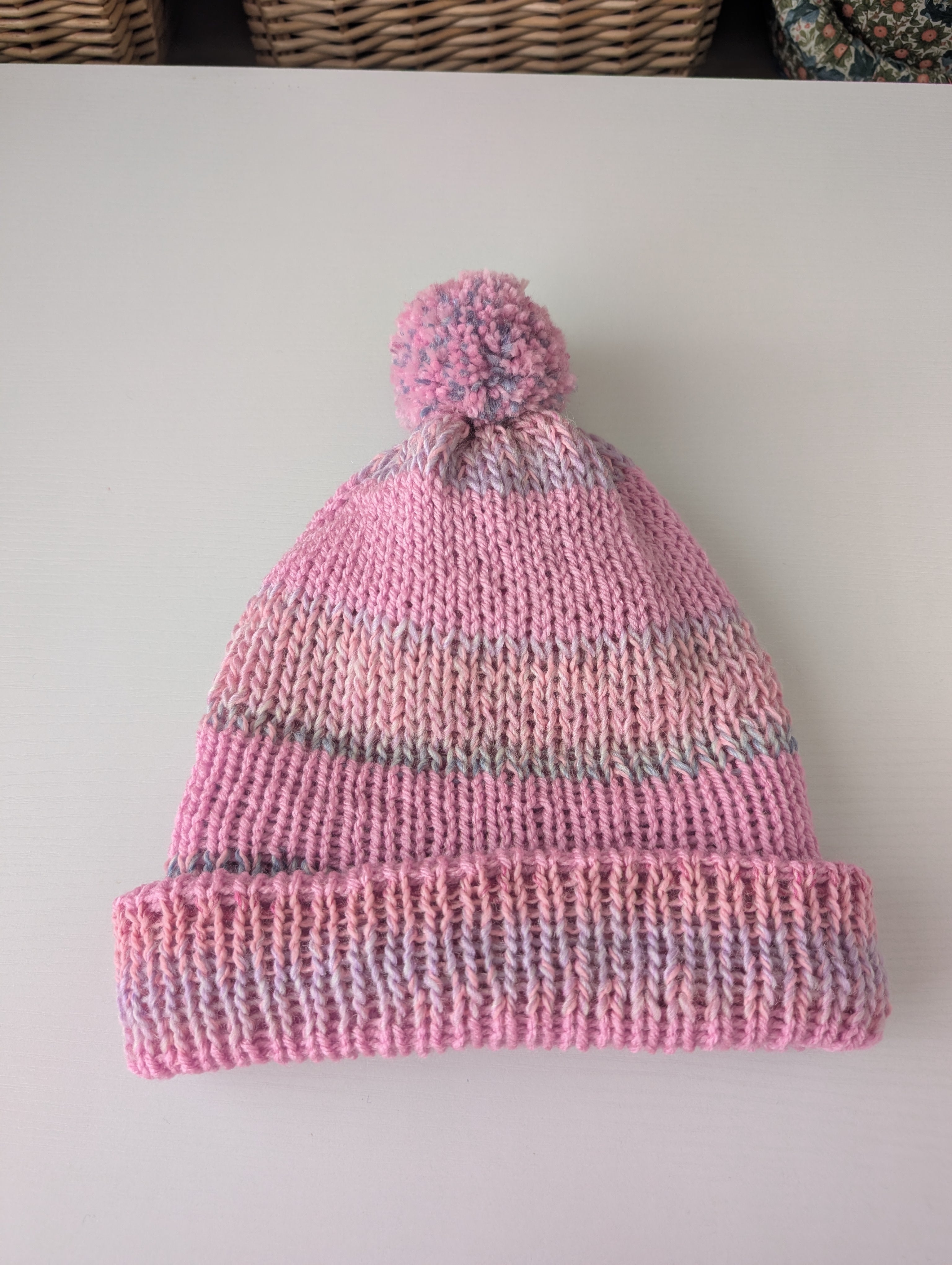 Handmade Pink Knit Beanie Hat with Pom Pom