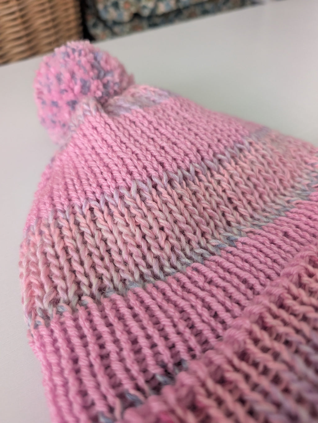 Handmade Pink Knit Beanie Hat with Pom Pom