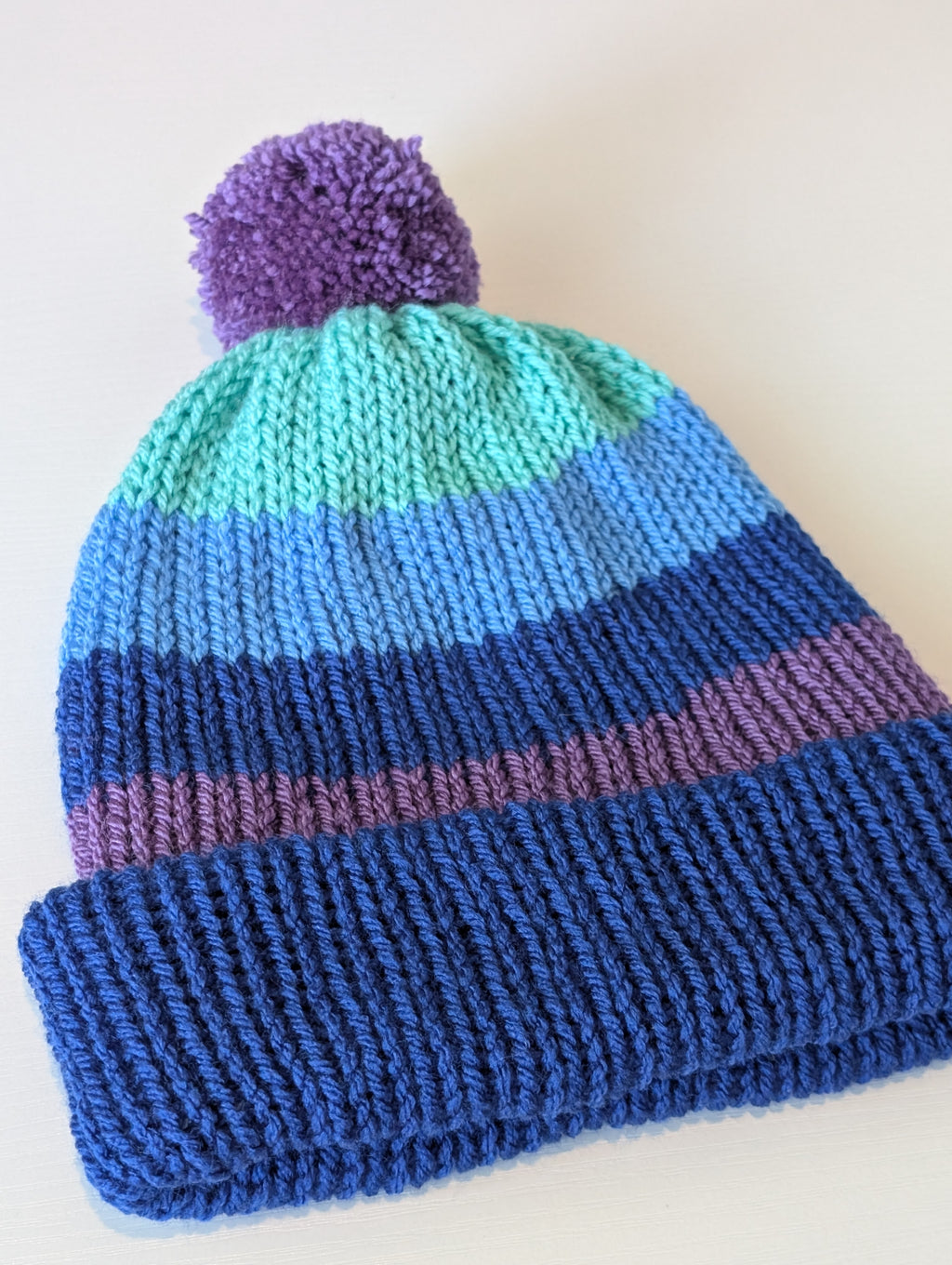 Blue & Purple Striped Knitted Beanie with Pom Pom | Cosy Winter Hat