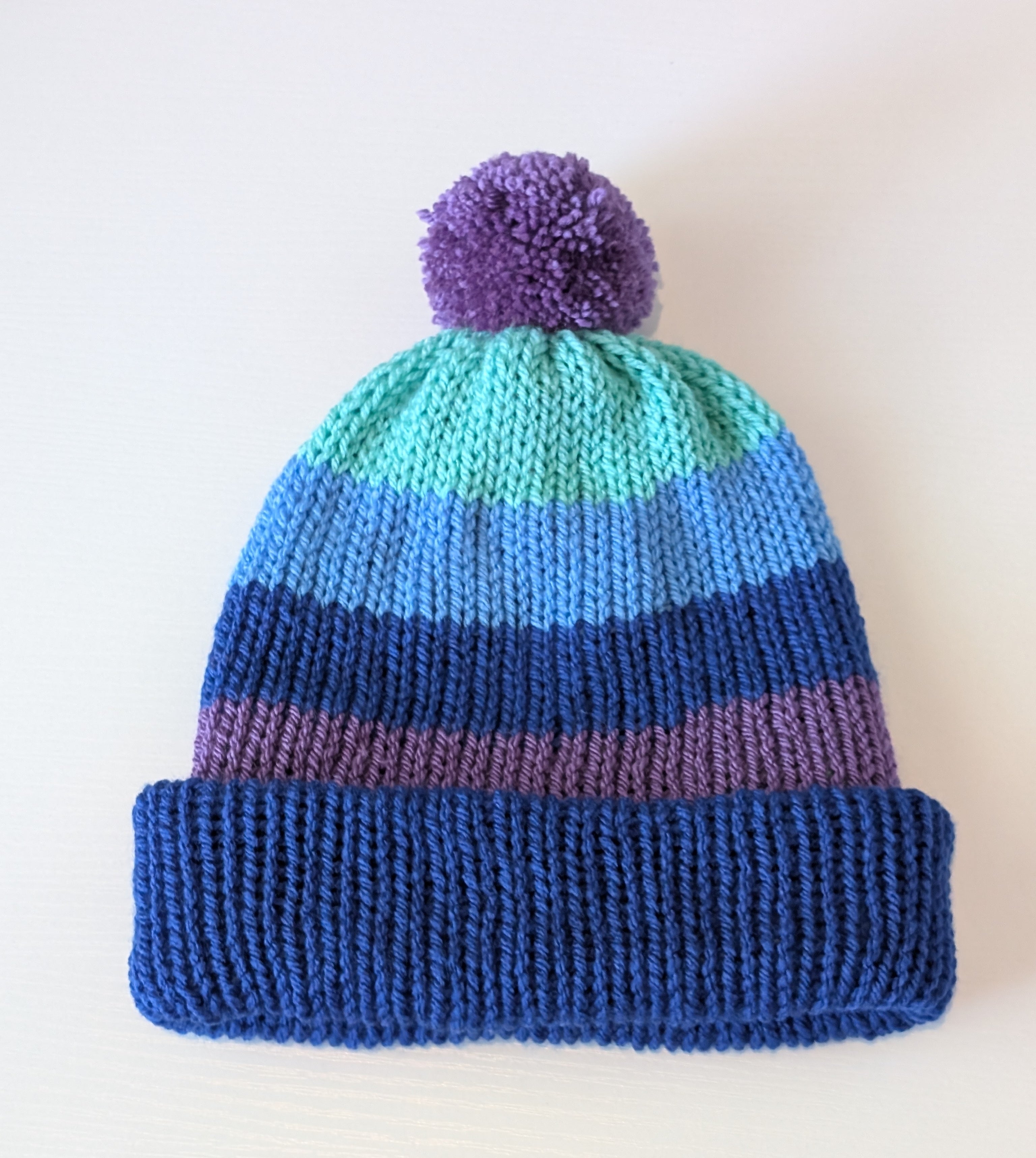 Blue & Purple Striped Knitted Beanie with Pom Pom | Cosy Winter Hat