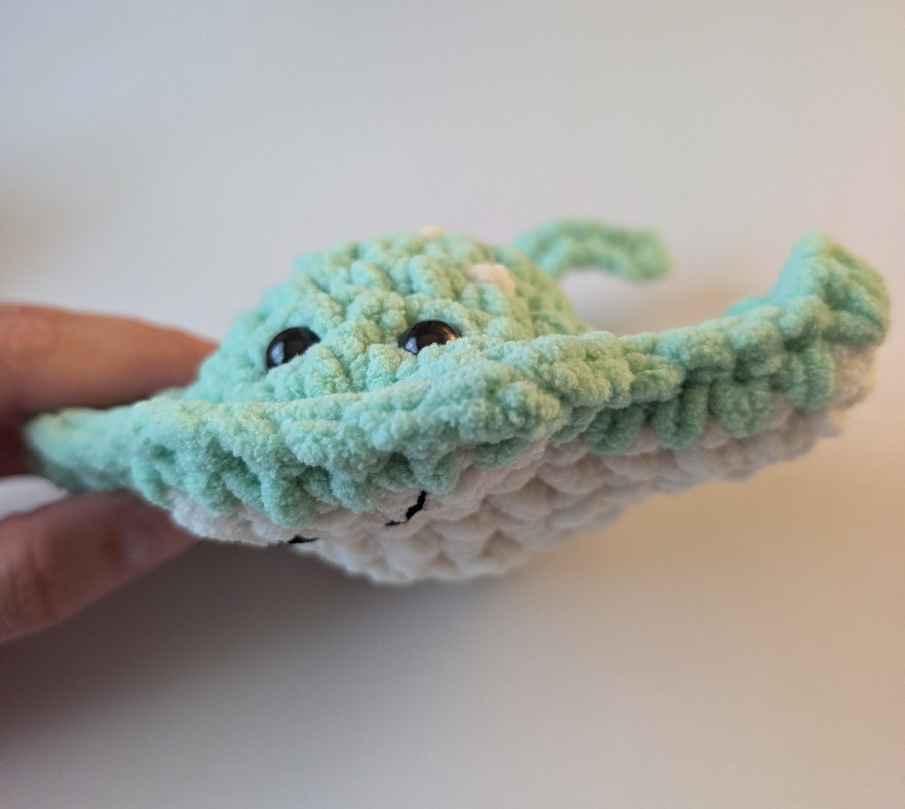 Handmade Crochet Stingray Plushie | Pink, Blue, Green & Grey