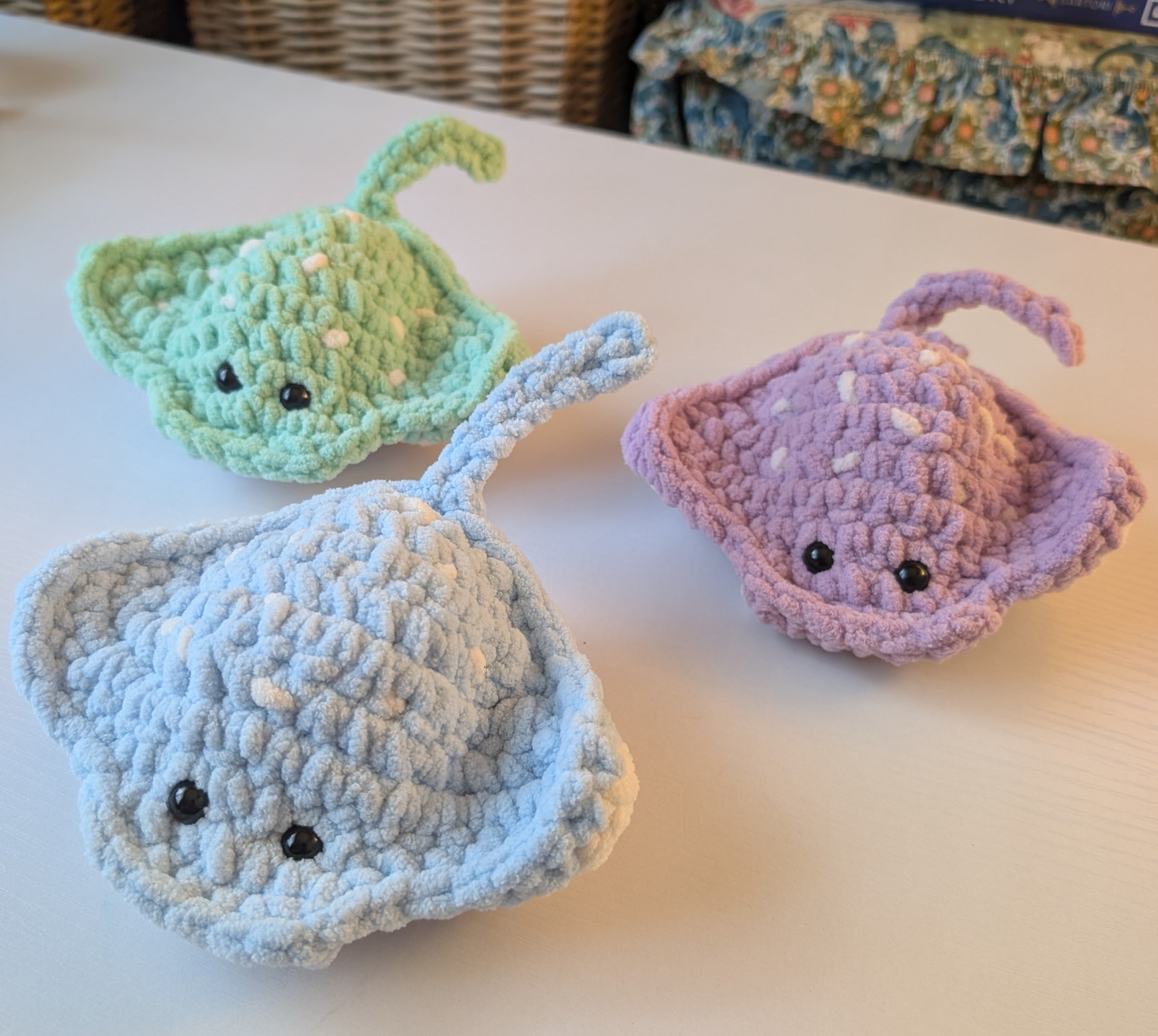Handmade Crochet Stingray Plushie | Pink, Blue, Green & Grey