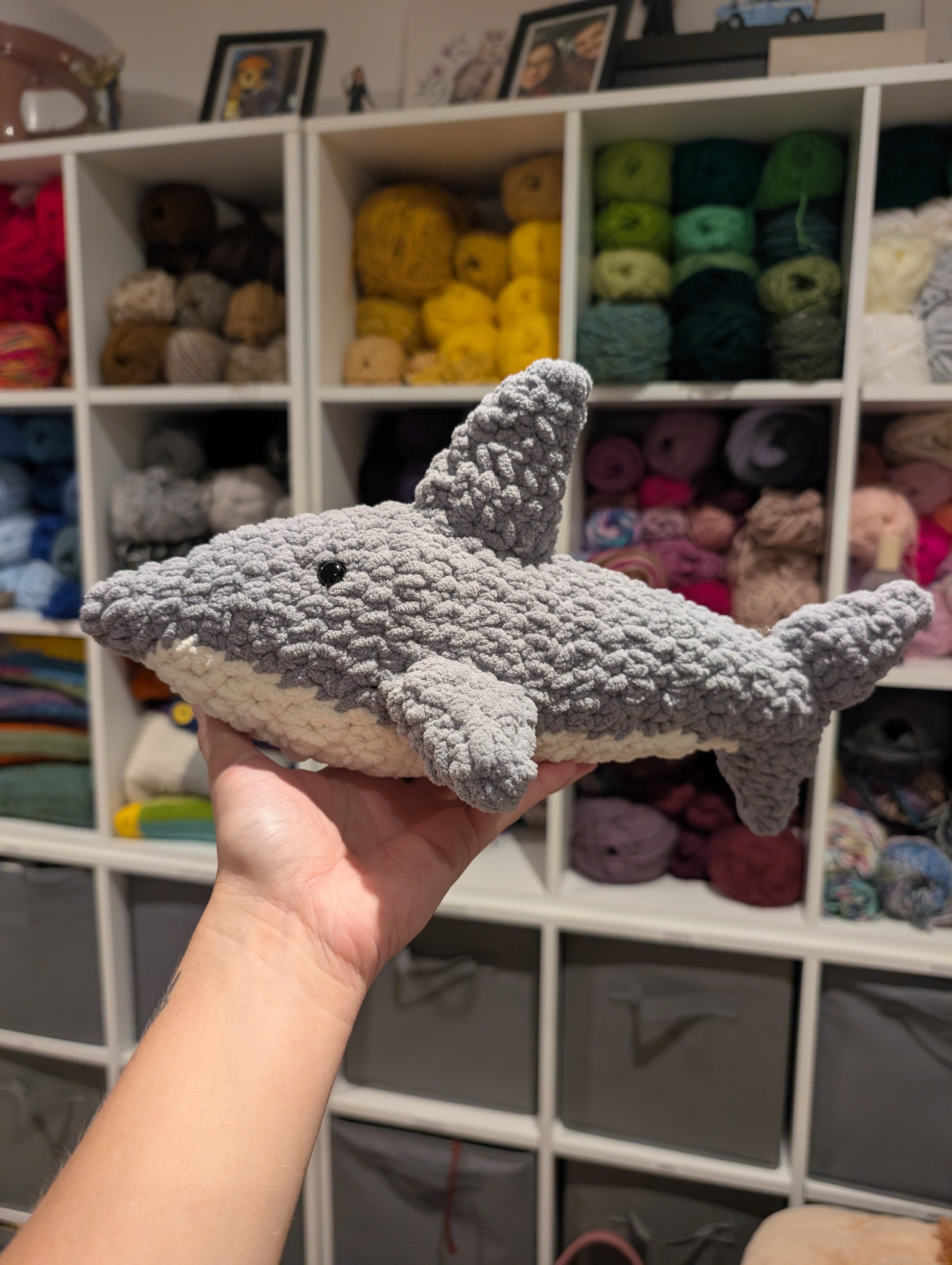 Handmade Crochet Shark Plushie | Pink, Blue, Green & Grey