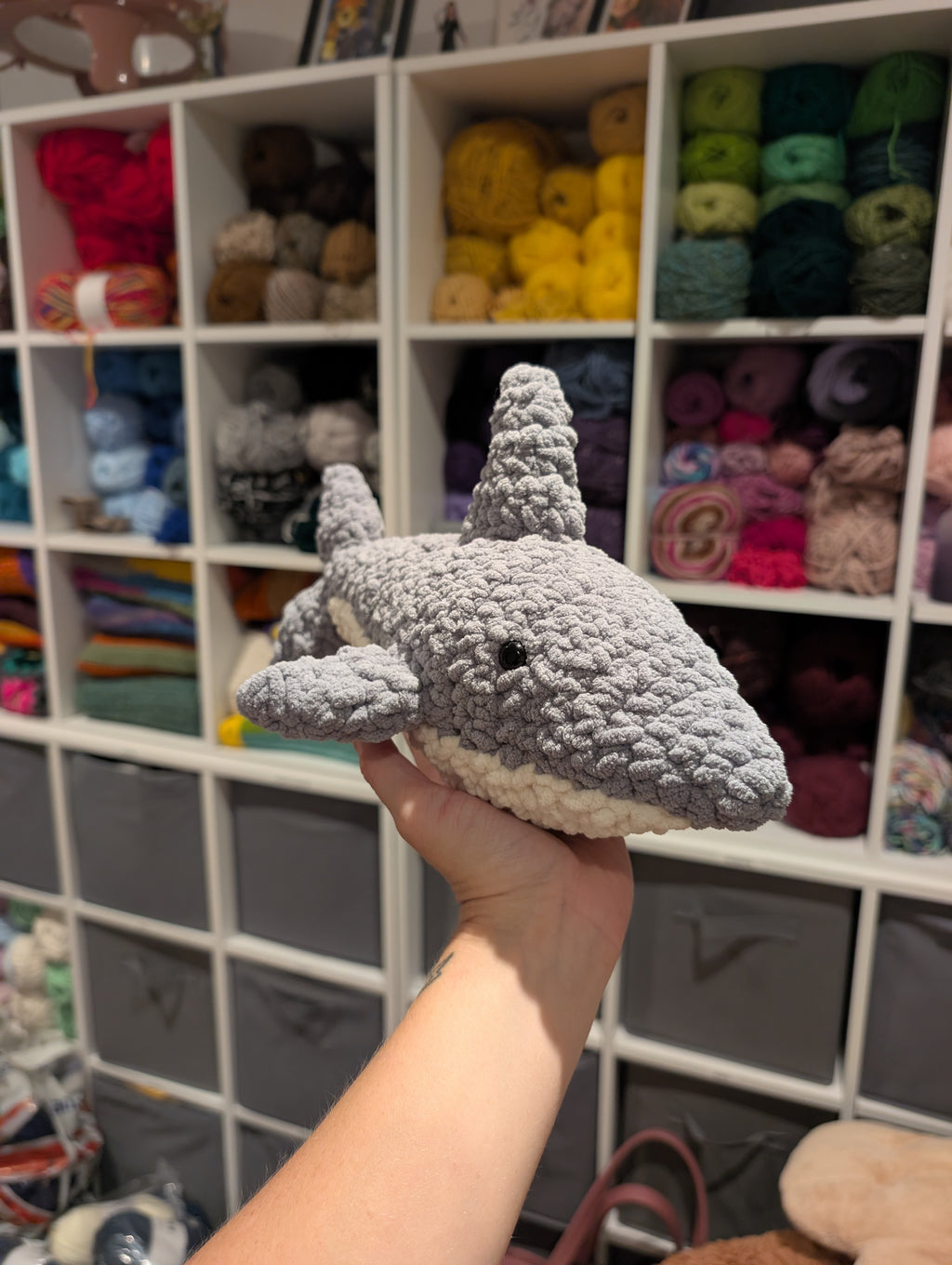 Handmade Crochet Shark Plushie | Pink, Blue, Green & Grey