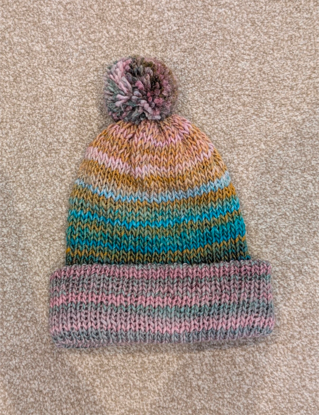 One-of-a-Kind Handmade Knitted Striped Pom Pom Beanie