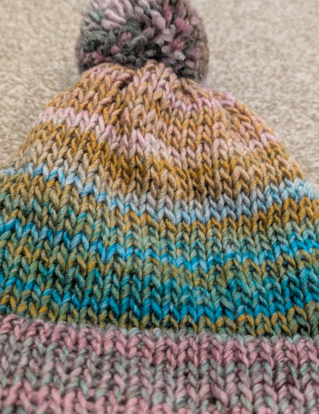 One-of-a-Kind Handmade Knitted Striped Pom Pom Beanie